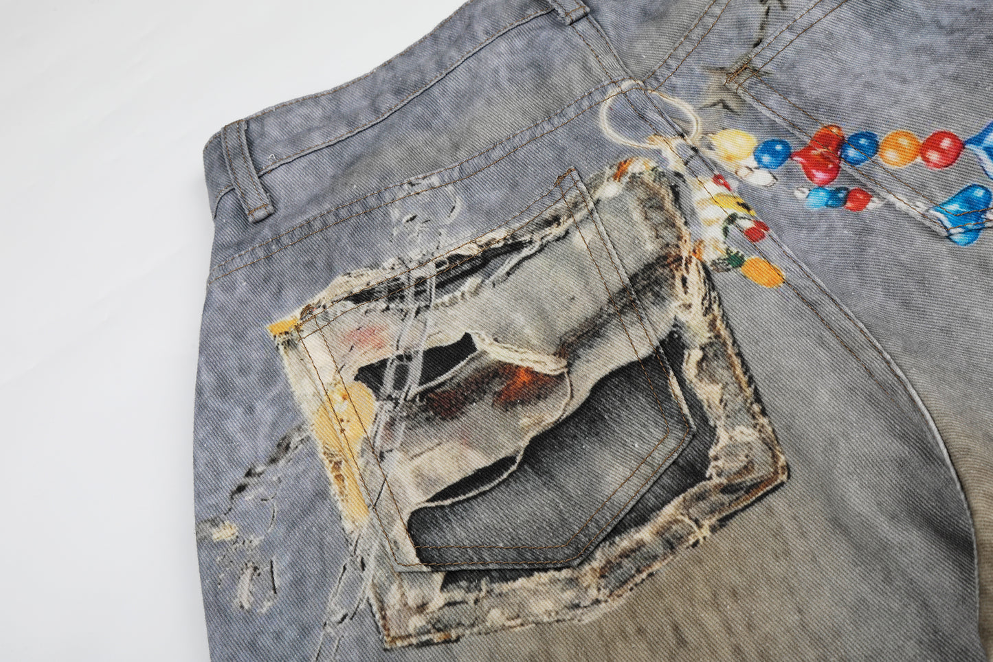 Women's Plush Doll Charm Chain Distressed Ripped Wide Leg Denim Jeans High Waist Beaded Y2K Streetwear Baggy Jeans