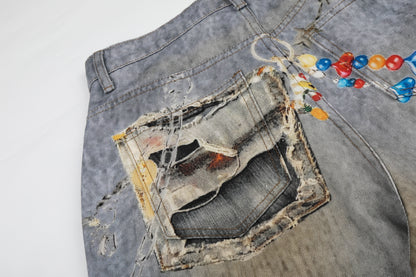 Women's Plush Doll Charm Chain Distressed Ripped Wide Leg Denim Jeans High Waist Beaded Y2K Streetwear Baggy Jeans