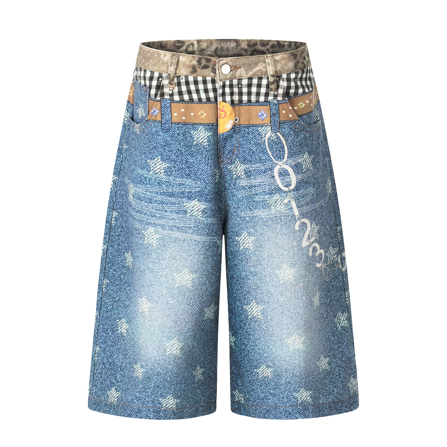Women's Leopard Gingham Patchwork Star Print Wide Leg Denim Shorts - Back View