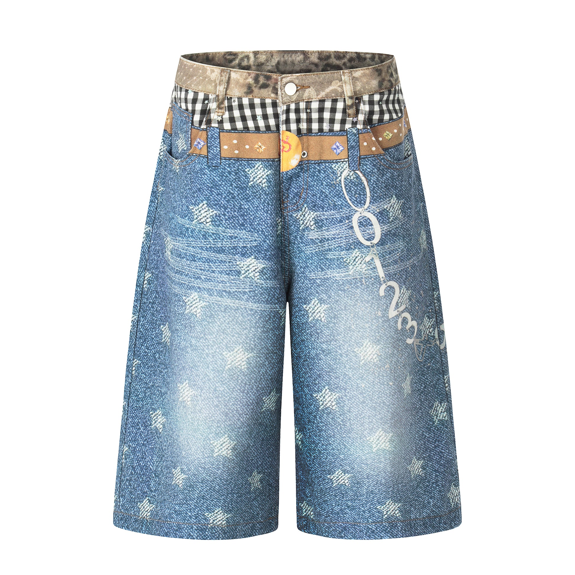 Women's Leopard Gingham Patchwork Star Print Wide Leg Denim Shorts - Back View