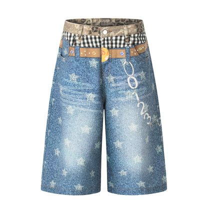 Women's Leopard Gingham Patchwork Star Print Number Embroidery High Waist Wide Leg Denim Shorts Y2K Streetwear Bermuda Jean Shorts