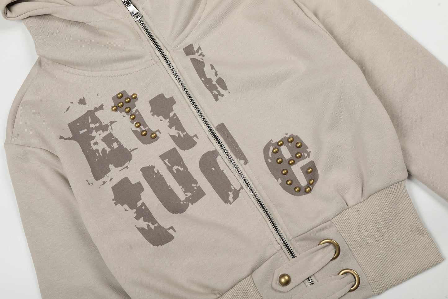 Attitude Rivet Letter Distressed Crop Zip Hoodie Studded Waist Buckle Y2K Streetwear Sweatshirt