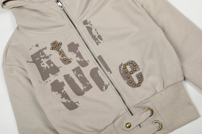 Attitude Rivet Letter Distressed Crop Zip Hoodie Studded Waist Buckle Y2K Streetwear Sweatshirt