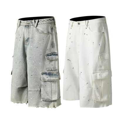 Dog Graphic Paint Splatter Cargo Denim Shorts Wide Leg High Waist Washed Multi-Pocket Streetwear Summer Casual Jean Shorts | Pup Cargo