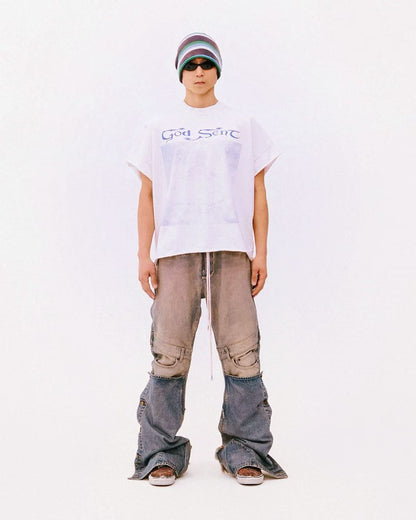 SECND SLF God Sent Gothic Letter Washed Short Sleeve Tee Off-White Drop Shoulder Faded Portrait Print Vintage Streetwear | God Sent Tee