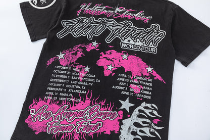 Flame Graphic Tee Pink Fire Angel Print Oversized Black Cotton Streetwear Casual Summer T-Shirt | Angel Fire