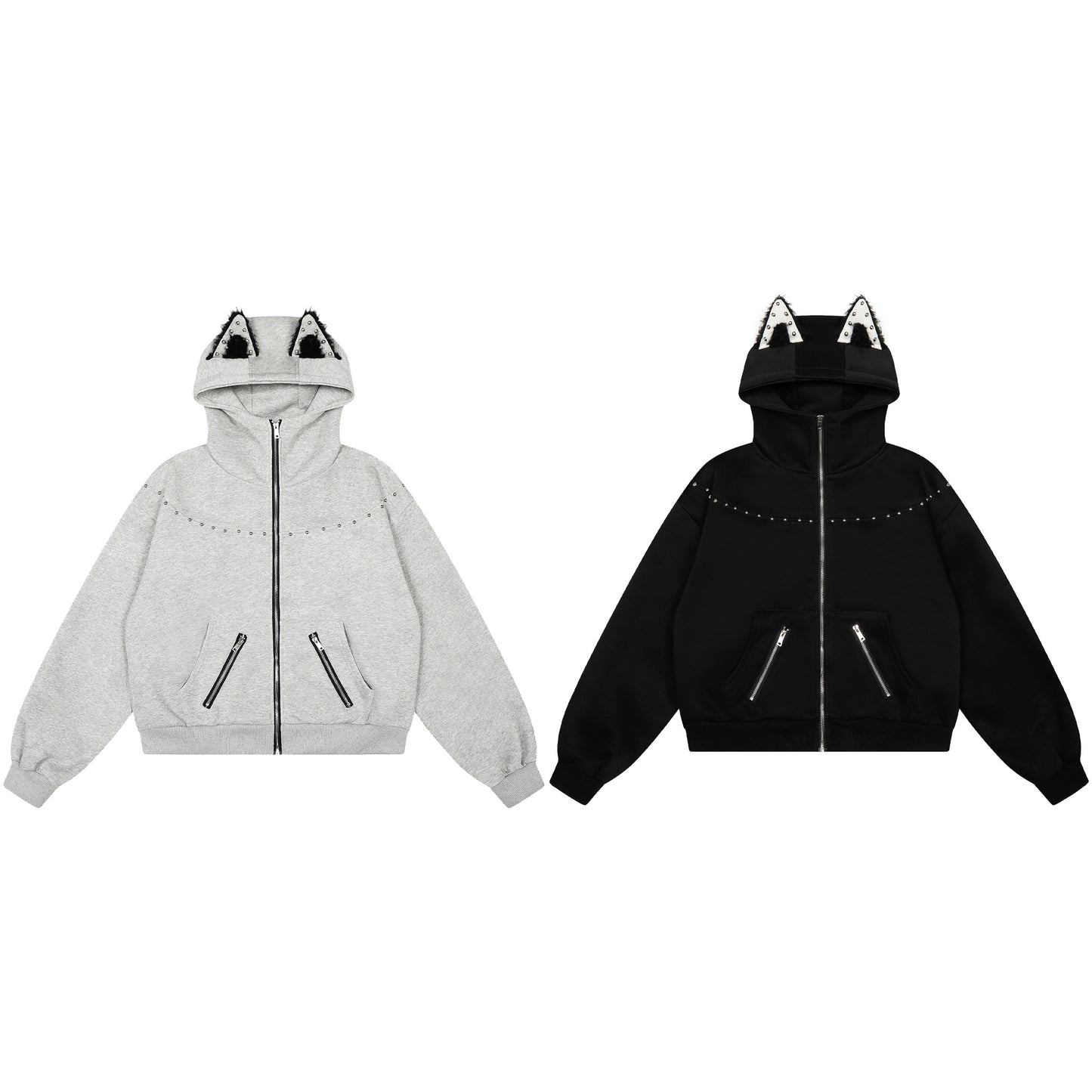 Cat Rivet Cat Ear Zip Hoodie Black Front