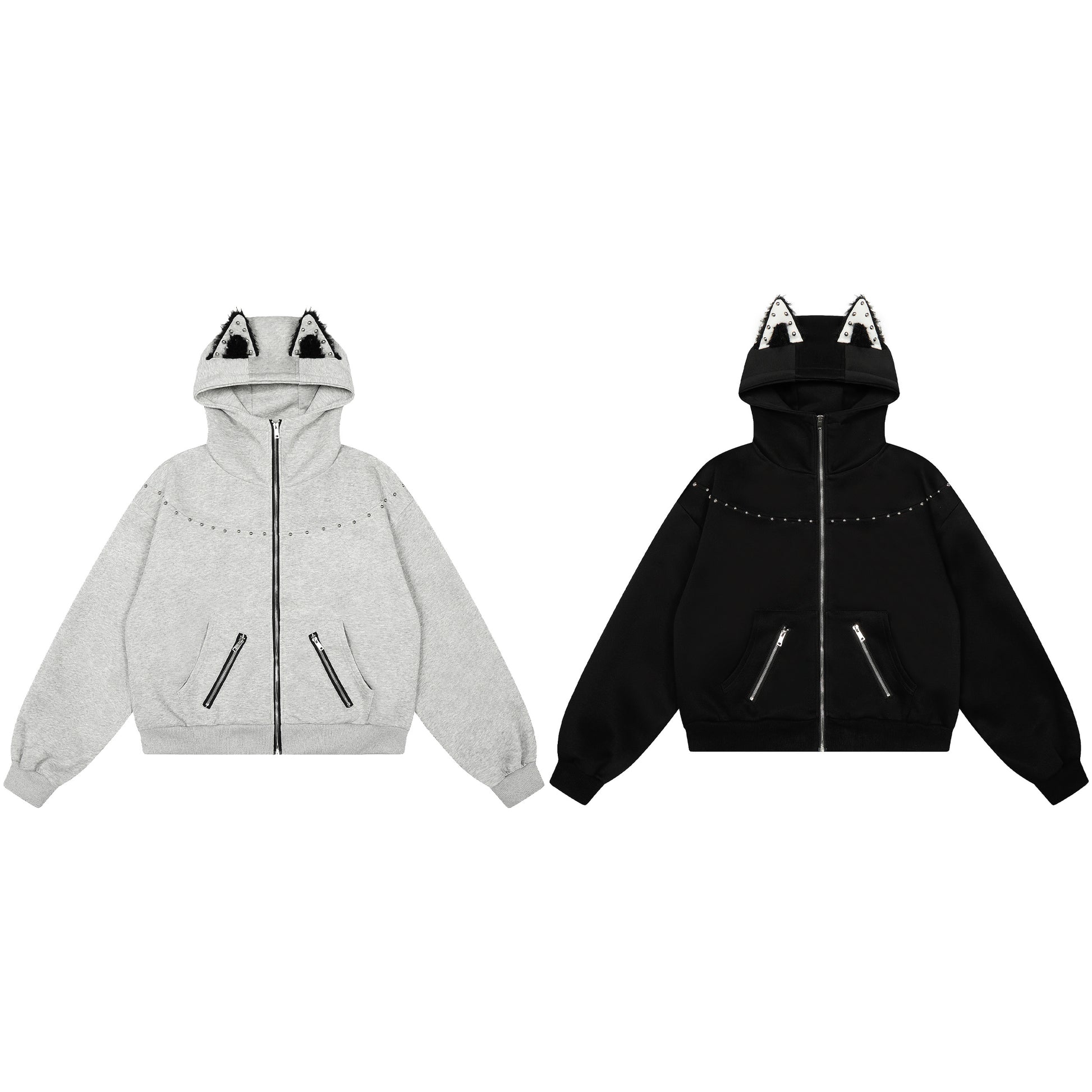 Cat Rivet Cat Ear Zip Hoodie Black Front