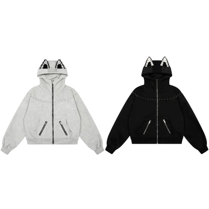 Cat Rivet 3D Cat Ear Rivet Zip Up Hoodie Oversized Streetwear Y2K Egirl Grunge Fleece Lined Sweatshirt | Cat Rivet