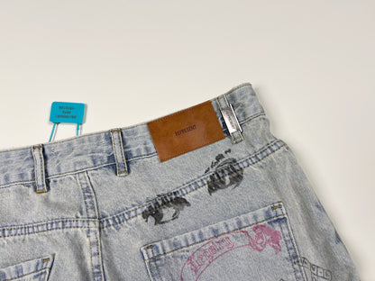 Represent Sketch Allover Print Wide Leg Jeans Heavy Washed Distressed Ripped Raw Hem Straight Denim | Rept Wide