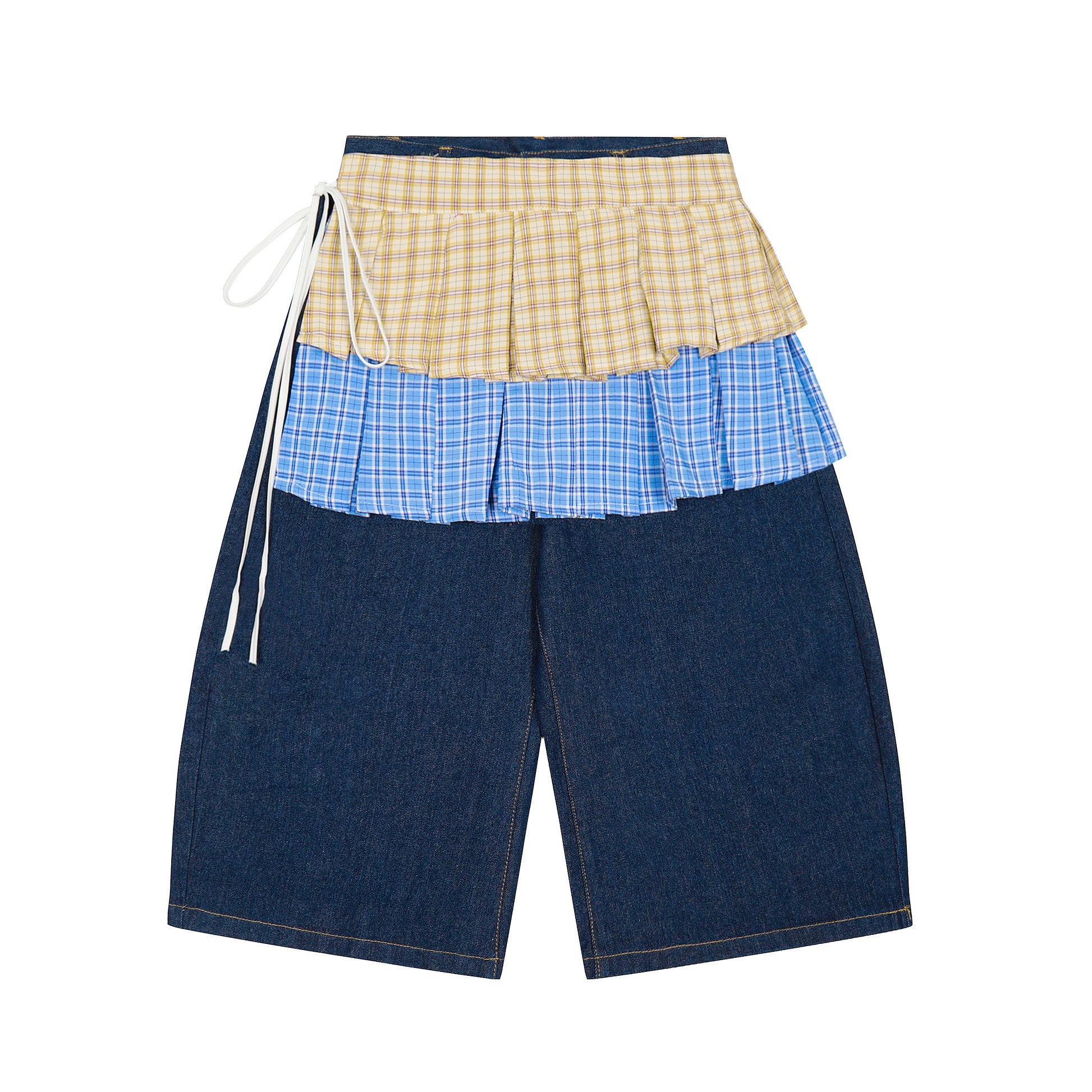Double Layer Plaid Pleated Skirt Hem Denim Shorts - Dark Navy Front Detail