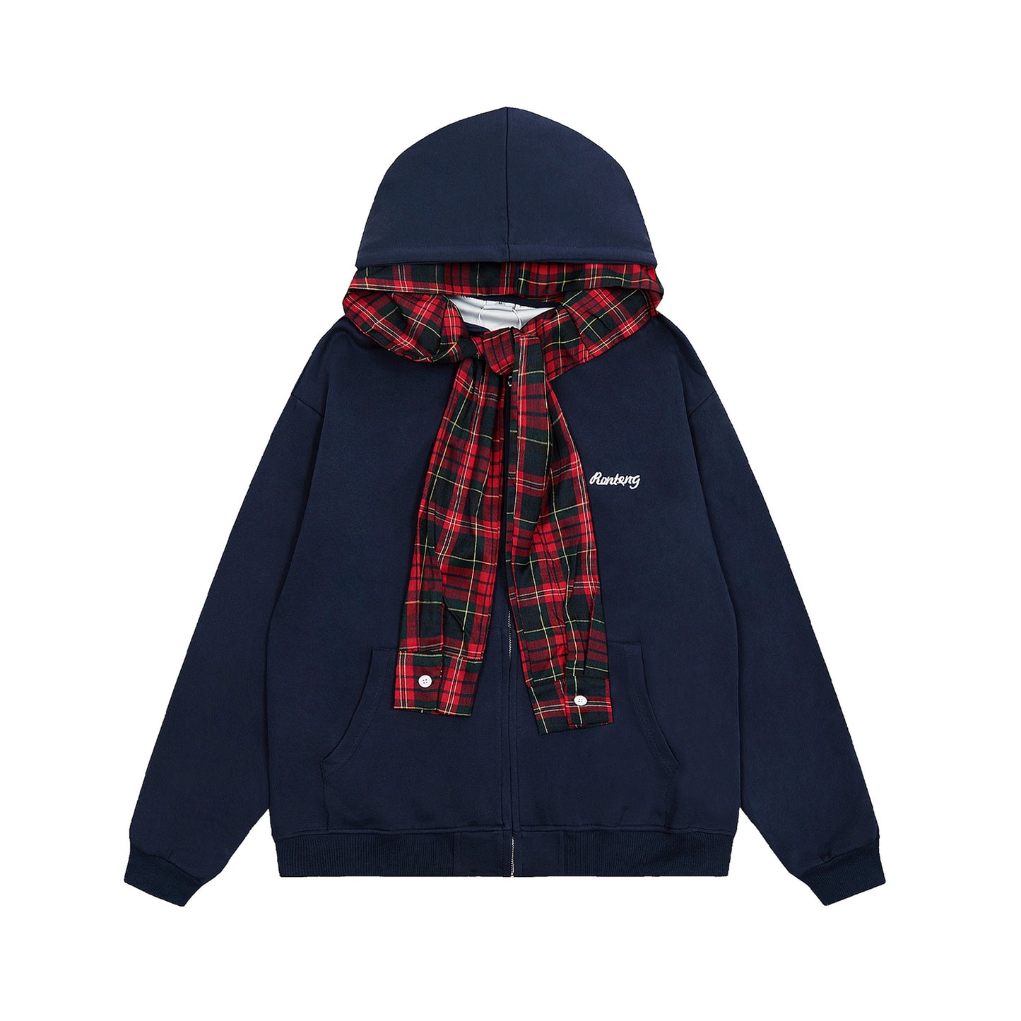 Women's Rvnteng Plaid Shirt Collar Bow Tie Full Zip Hoodie - Grey & Navy Open Front View Comparison