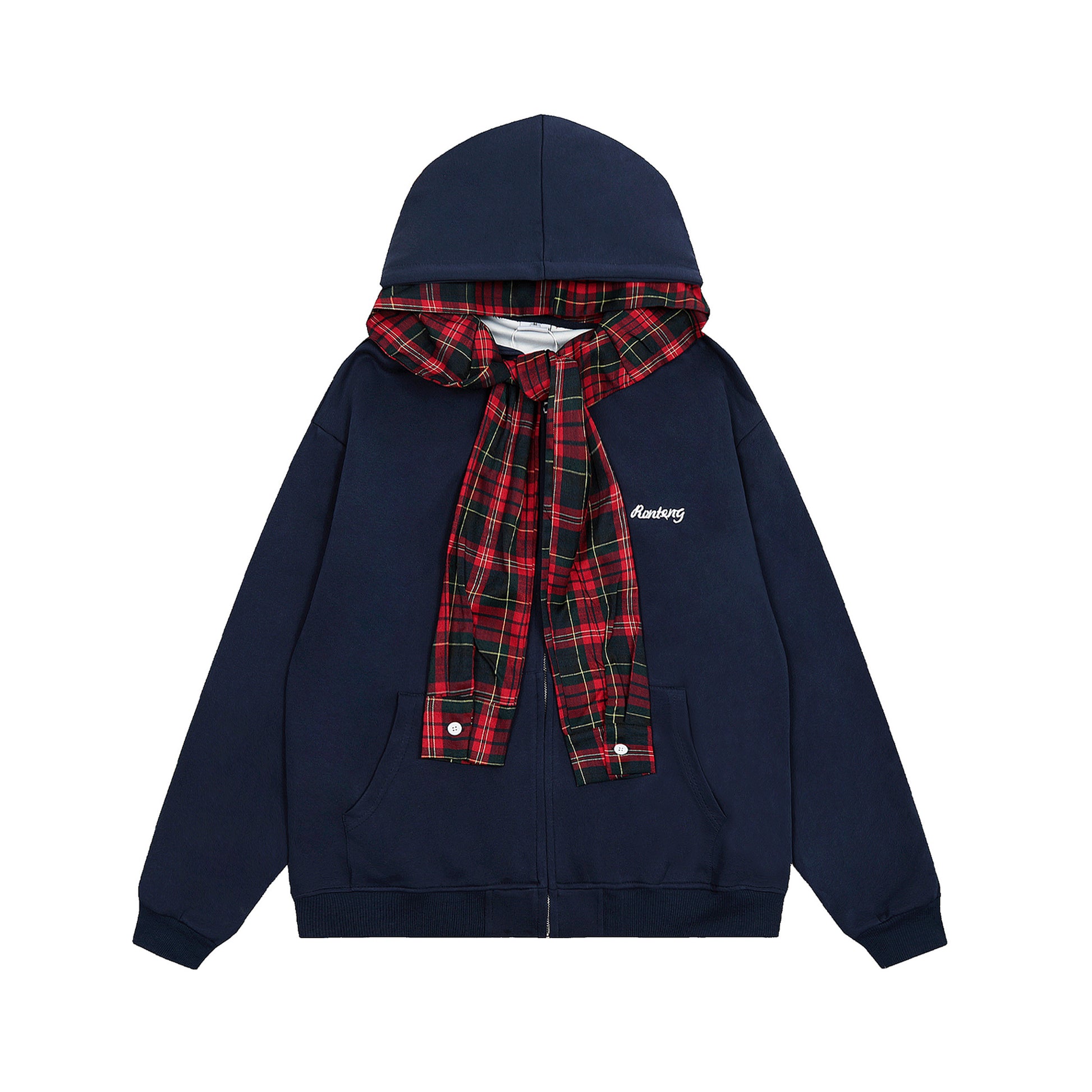 Women's Rvnteng Plaid Shirt Collar Bow Tie Full Zip Hoodie - Grey & Navy Open Front View Comparison