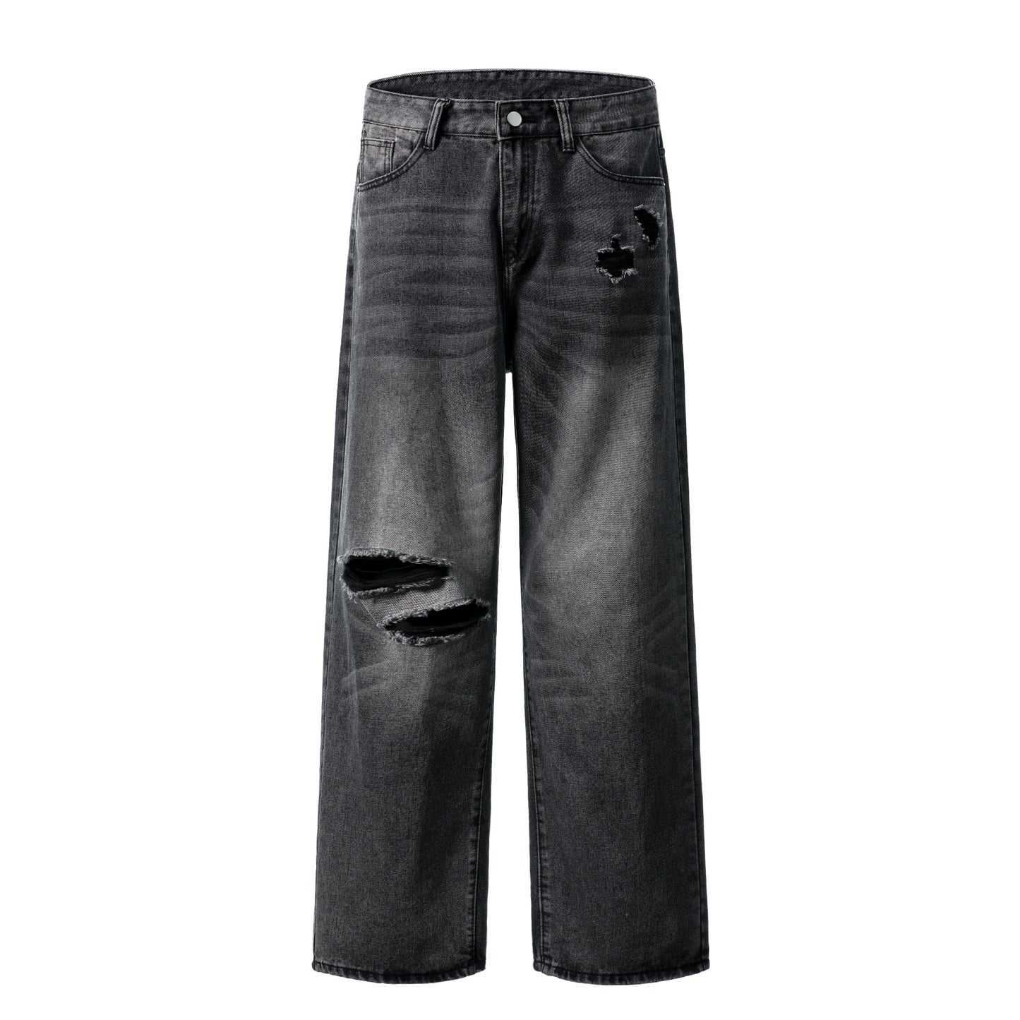 Distressed Ripped Wide Leg Jeans High Waist Washed Black Sandy Fade Black Patch Pocket Streetwear Denim Trousers | Void Rip