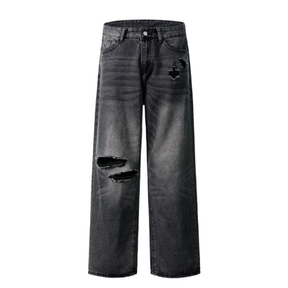 Distressed Ripped Wide Leg Jeans High Waist Washed Black Sandy Fade Black Patch Pocket Streetwear Denim Trousers | Void Rip