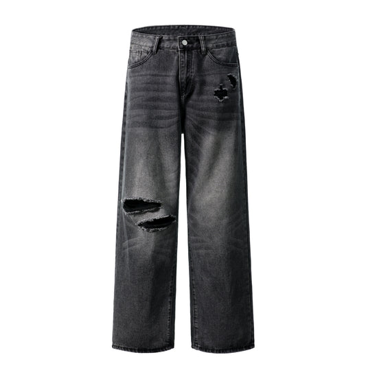 Distressed Ripped Wide Leg Jeans High Waist Washed Black Sandy Fade Black Patch Pocket Streetwear Denim Trousers | Void Rip