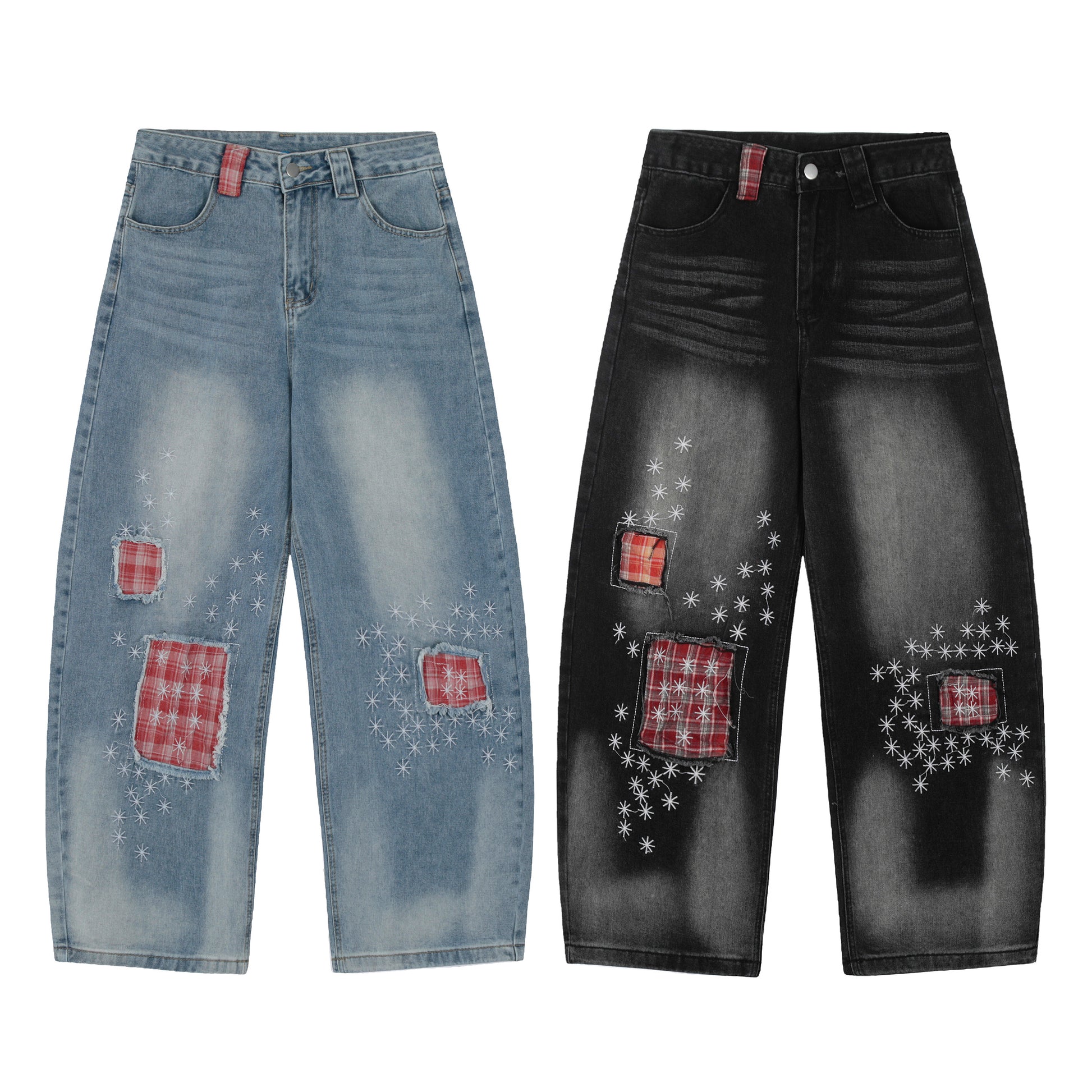 Red Plaid Patch Star Embroidery Wide Leg Jeans - Blue Front