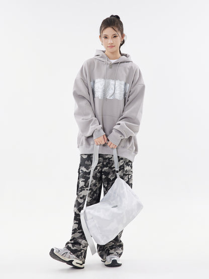 NINE Unshakable Iridescent Logo Oversized Hoodie Drawstring Kangaroo Pocket Streetwear Sweatshirt