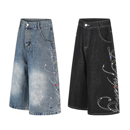 Women's Script Embroidery Rhinestone Wide Leg Denim Shorts High Waist Washed Casual Streetwear Jean Shorts