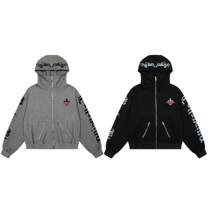 Fleur Goth Gothic Letter Print Zip Up Hoodie Oversized Streetwear Y2K Grunge Fleur-de-Lis Emblem Fleece Lined Sweatshirt | Fleur Goth