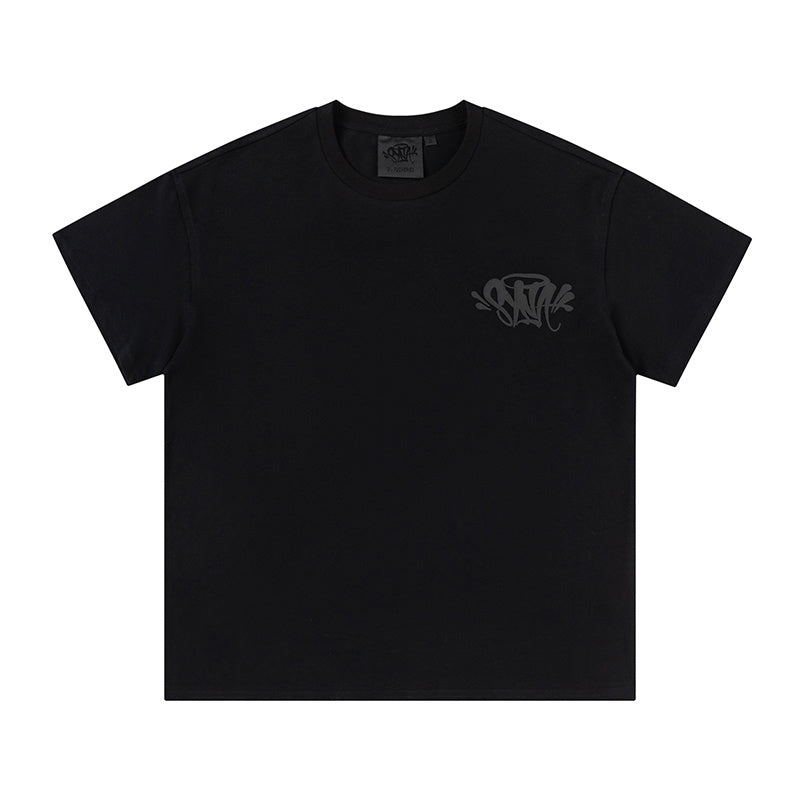 Black unisex graphic T-shirt with small chest print and Forgive Me back graphic - view 2