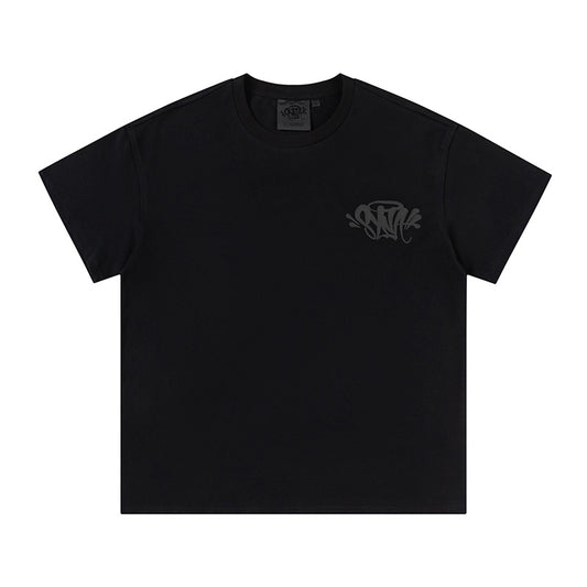 Black unisex graphic T-shirt with small chest print and Forgive Me back graphic - view 2