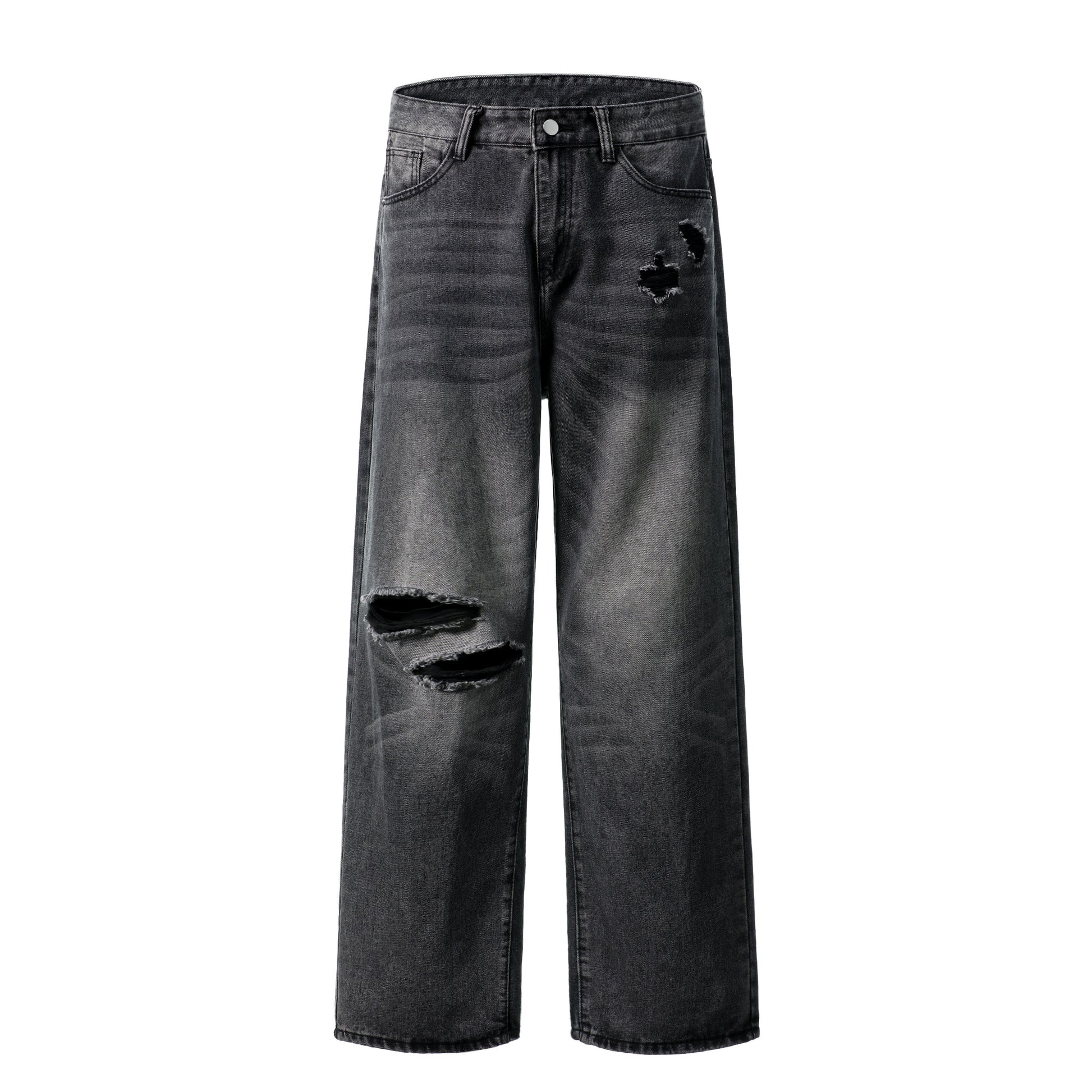 Distressed ripped jeans front view washed black