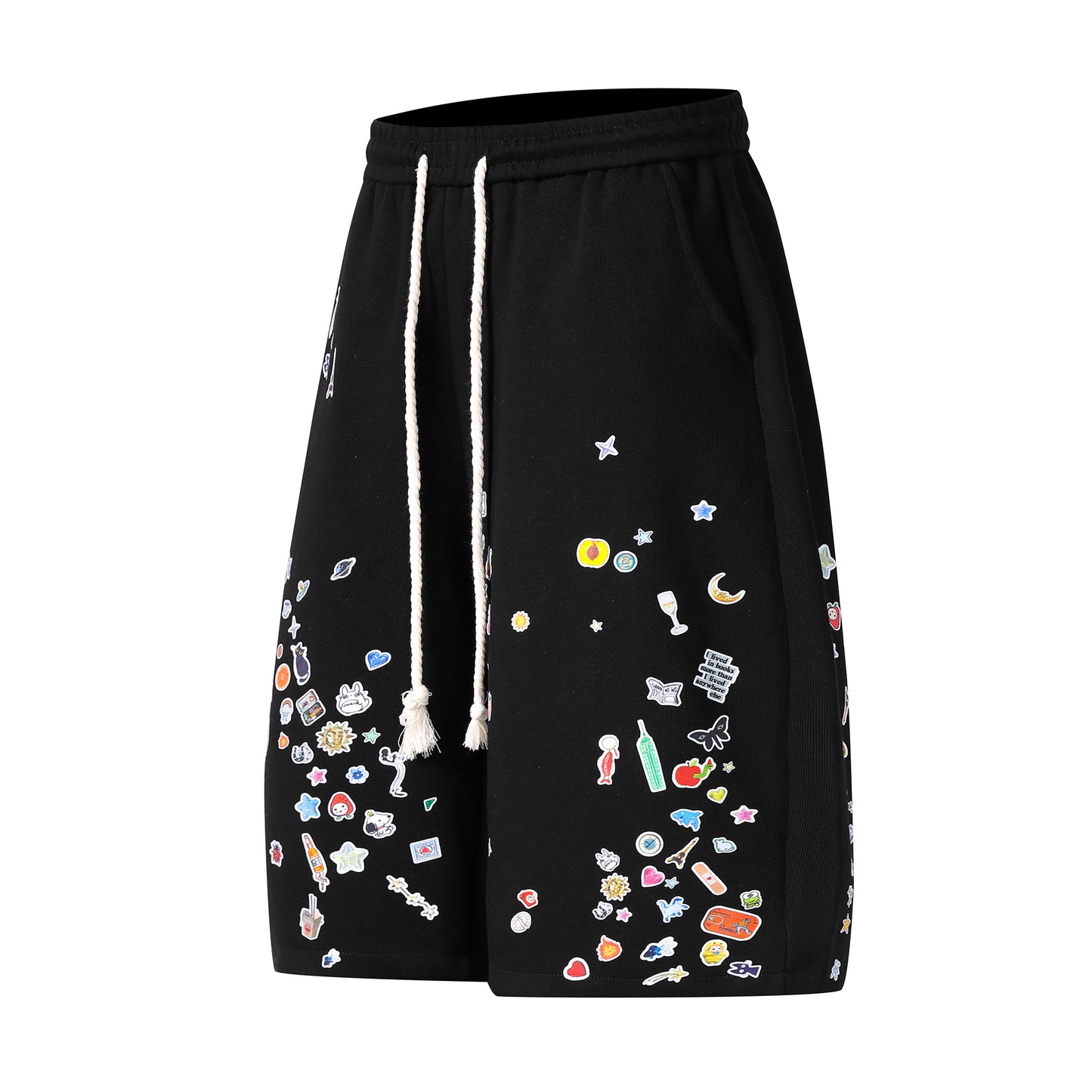 Kawaii sticker print fleece shorts black angled front view