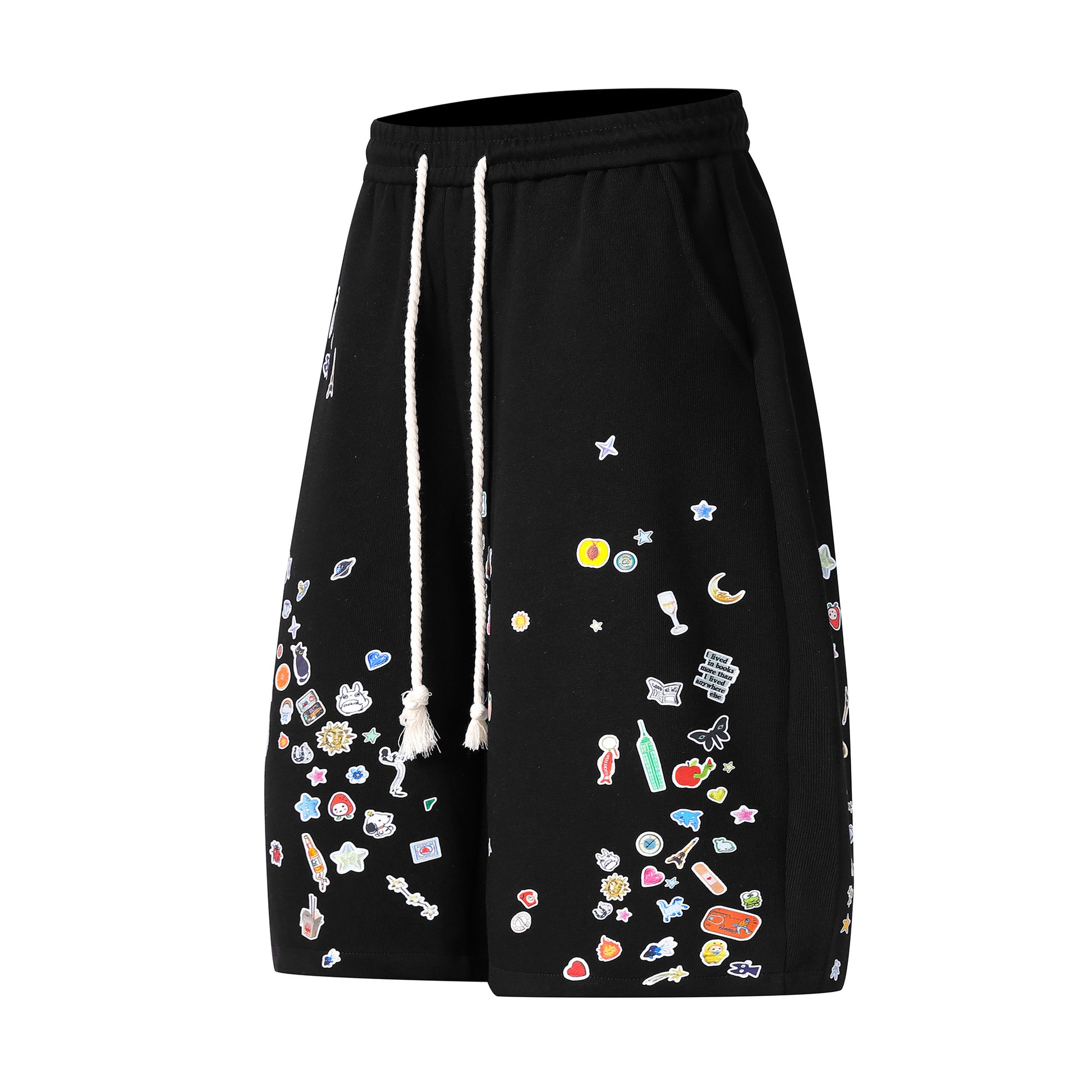 Kawaii sticker print fleece shorts black angled front view