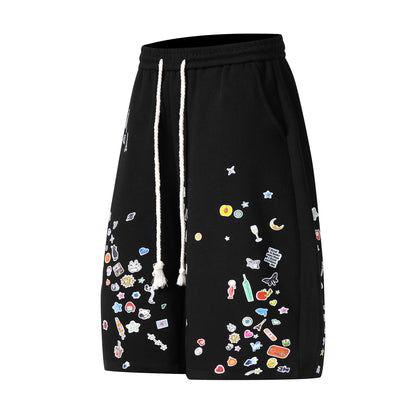 Kawaii Sticker Print Fleece Shorts Wide Leg High Waist Drawstring Sweat Shorts Streetwear Summer Casual | Sticker Bomb