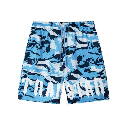 Blue camouflage drawstring shorts with white hem graphic and elastic waist - view 2