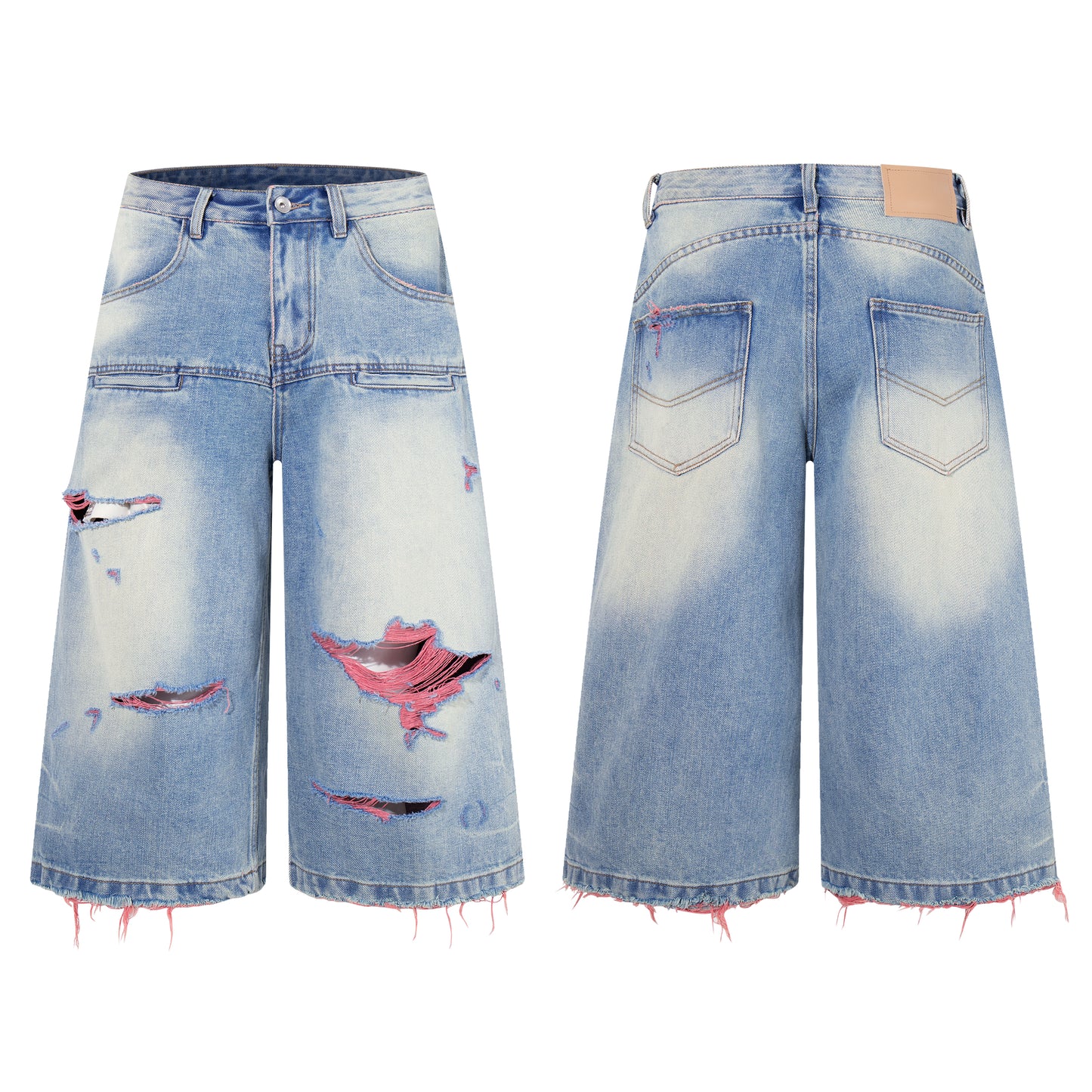 Light Blue Distressed Wide-Leg Cropped Denim Shorts