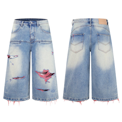 Light Blue Distressed Wide-Leg Cropped Denim Shorts