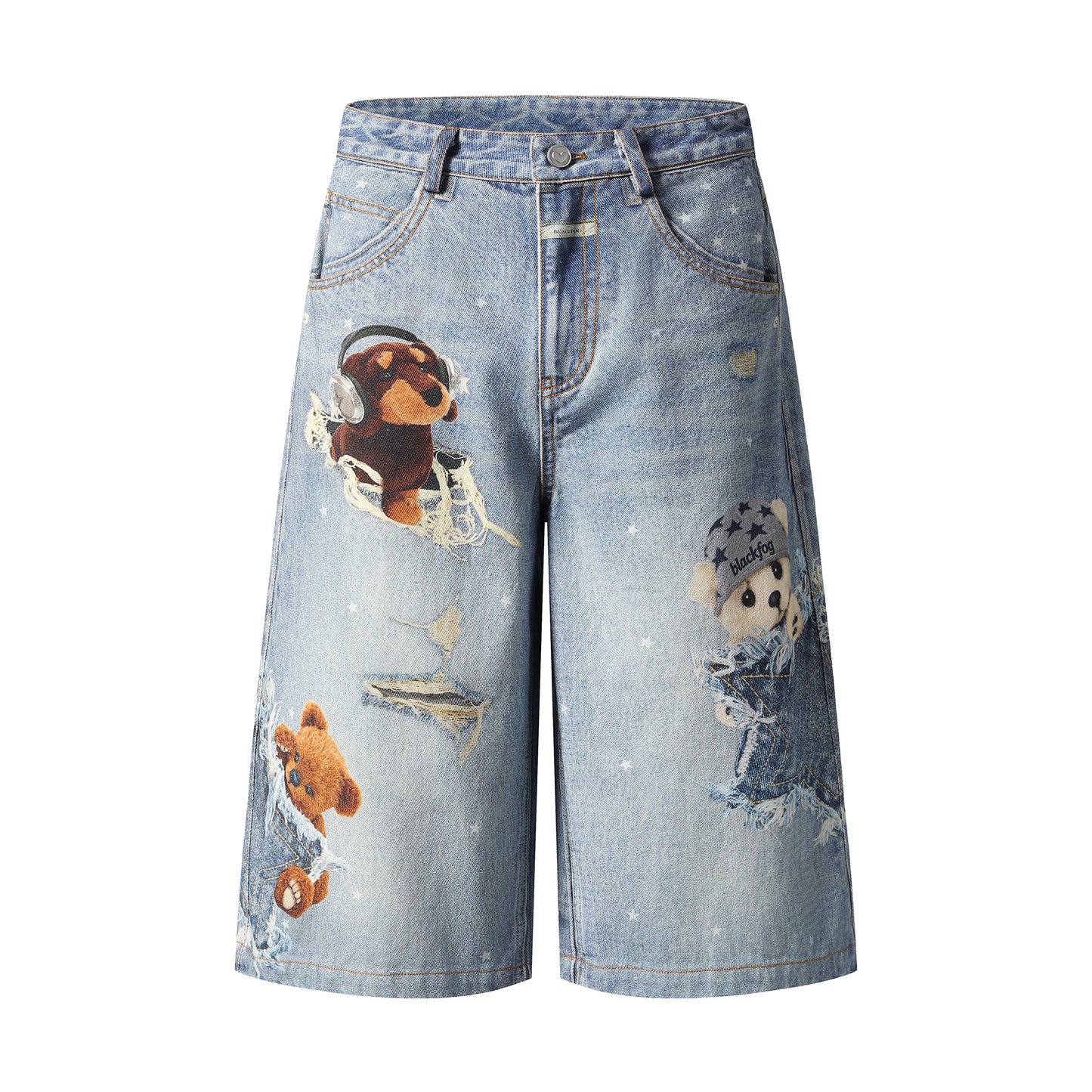 3D Plush Bear Peek Hole Denim Shorts Star Print Distressed High Waist Casual Streetwear Baggy Jean Shorts | Peek Bear