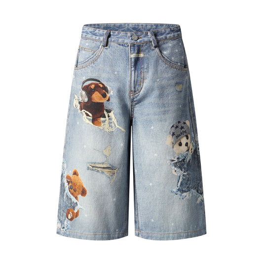 3D Plush Bear Peek Hole Denim Shorts Star Print Distressed High Waist Casual Streetwear Baggy Jean Shorts | Peek Bear