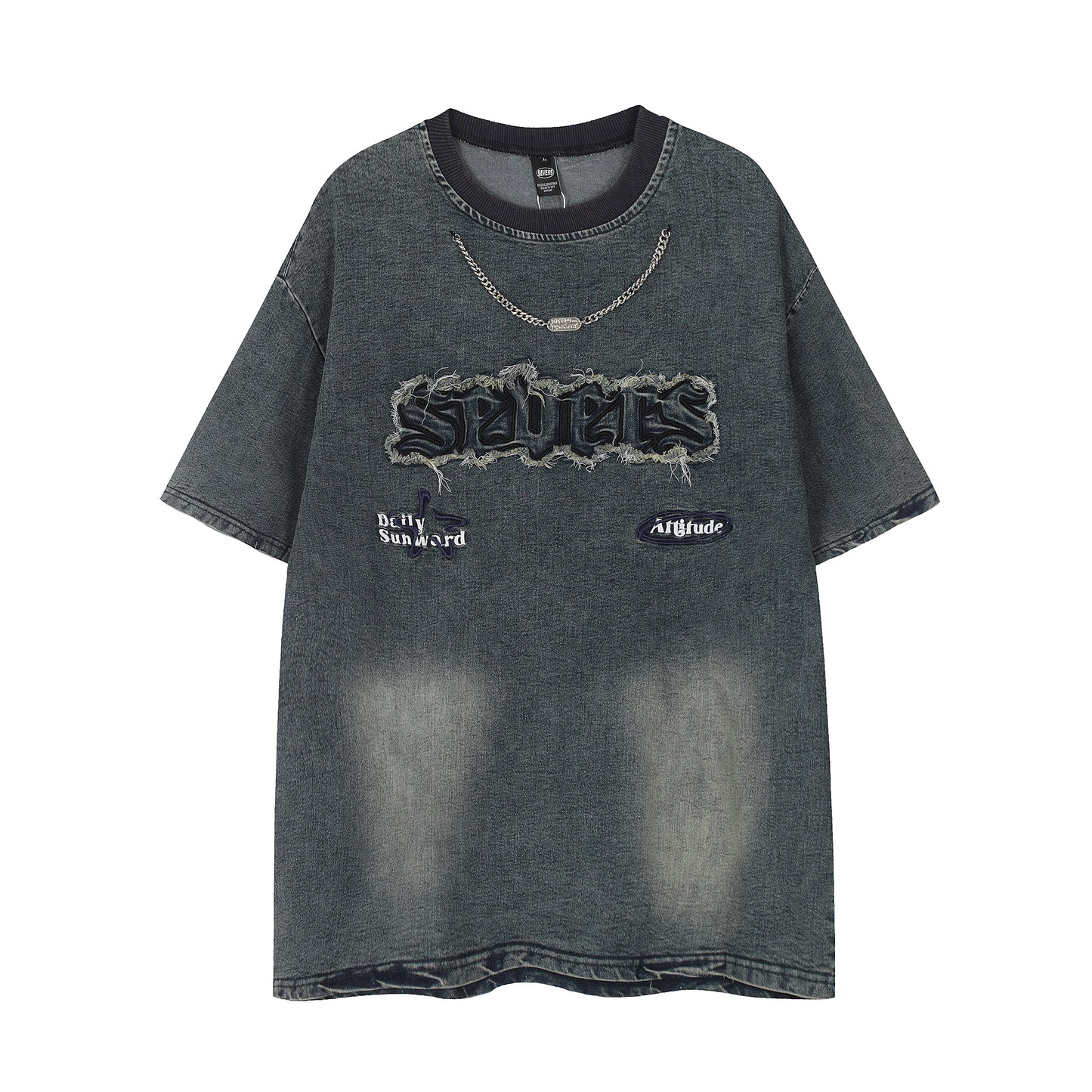 Oversized Washed Graphic Chain Embroidery Crewneck Short Sleeve Tee Streetwear Hip Hop Casual Summer T-Shirt