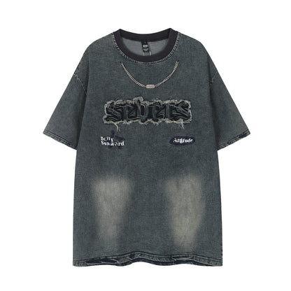 Oversized Washed Graphic Chain Embroidery Crewneck Short Sleeve Tee Streetwear Hip Hop Casual Summer T-Shirt