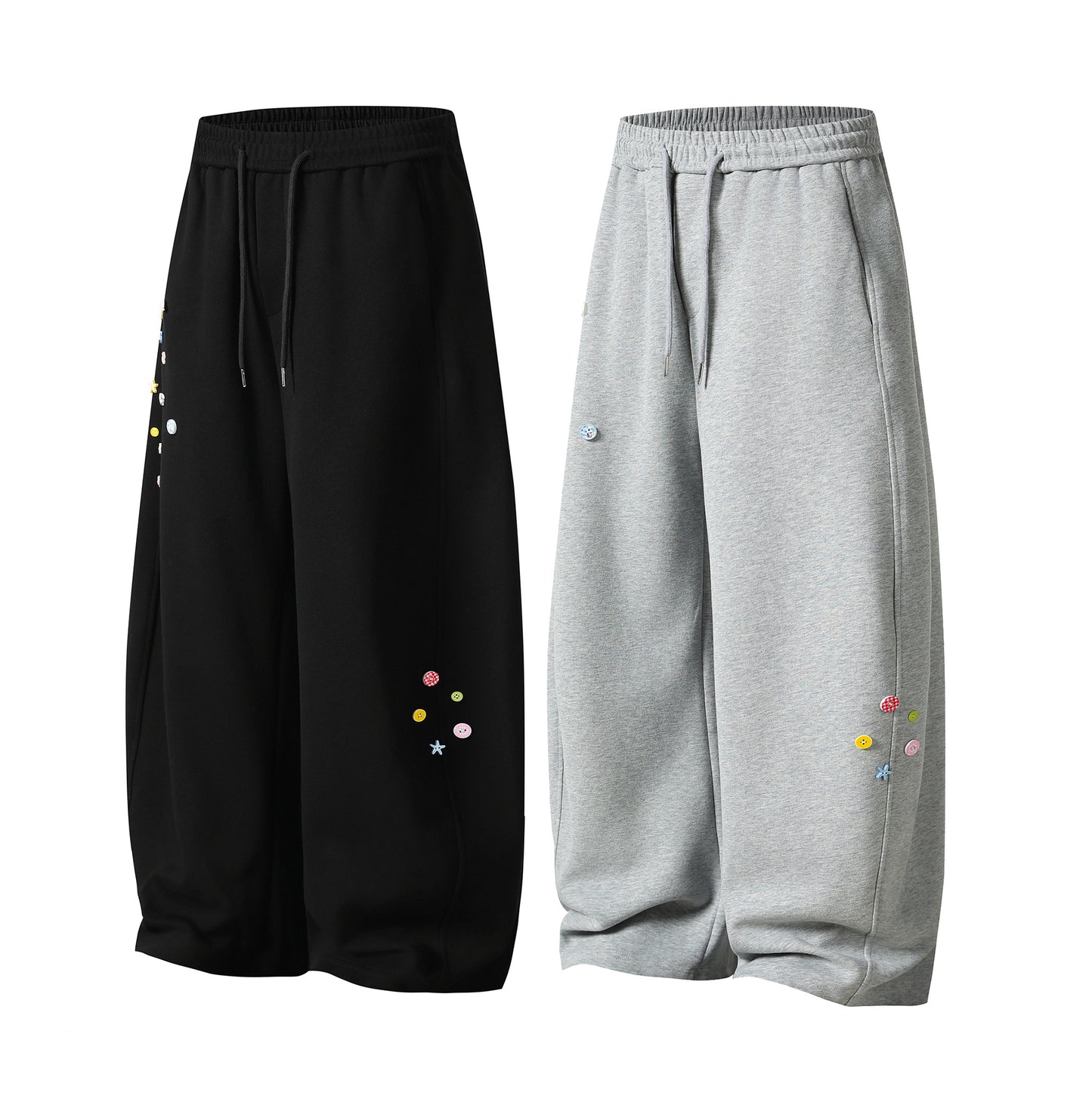 Button Drop Wide Leg Sweatpants - Black Front