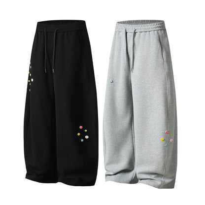 Colorful Button Badge Wide Leg Sweatpants Kawaii Charm Elastic Waist Baggy Fleece Pants Casual Streetwear Balloon Trousers | Button Drop