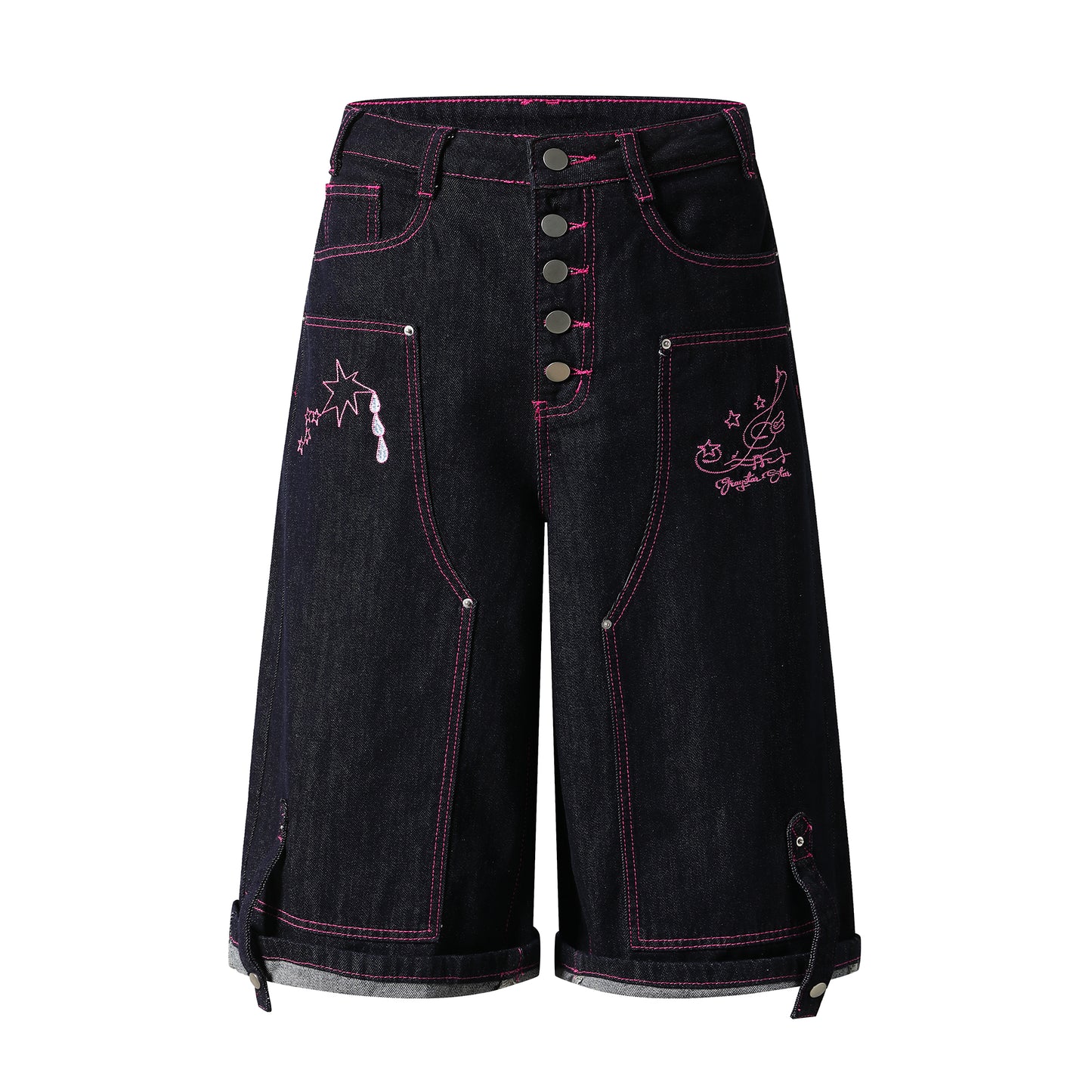 Rock Heart Embroidery Wide Leg Denim Shorts - Front and Back