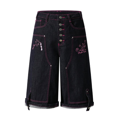 Heart Pocket Guitar Embroidery Wide Leg Denim Shorts Pink Stitch Button Fly Rhinestone Streetwear Baggy Jean Shorts | Rock Heart