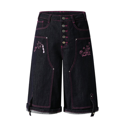 Rock Heart Embroidery Wide Leg Denim Shorts - Front and Back