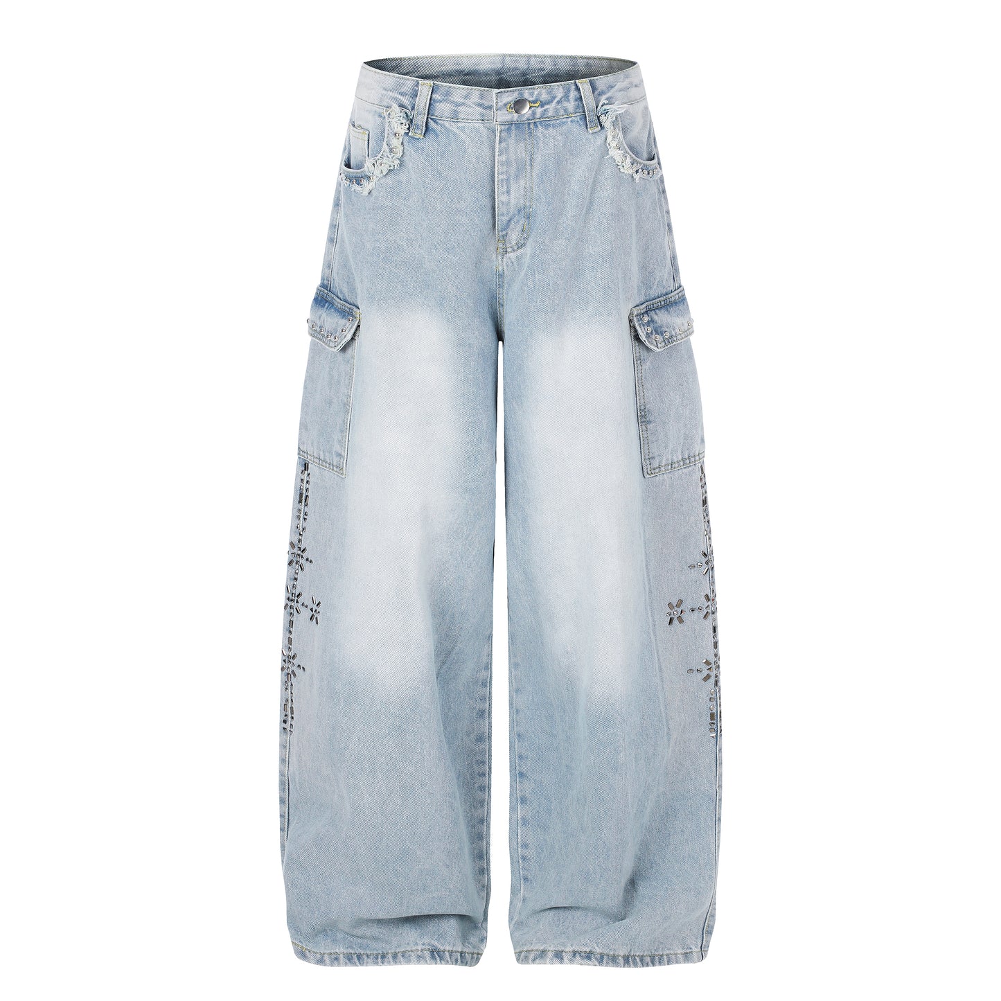 Women's Lace Trim Rhinestone Cargo Wide Leg Jeans - Detail View