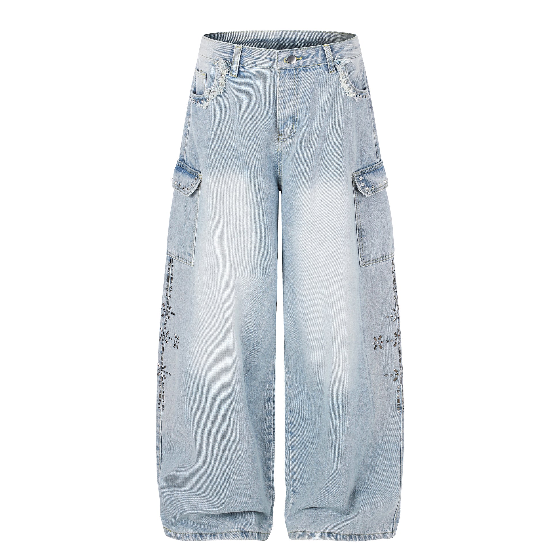 Women's Lace Trim Rhinestone Cargo Wide Leg Jeans - Detail View