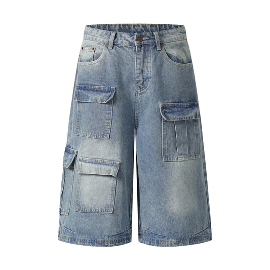 Multi-Pocket Cargo Denim Shorts Wide Leg High Waist Light Wash Vintage Streetwear Summer Casual Jean Shorts | Pocket Riot