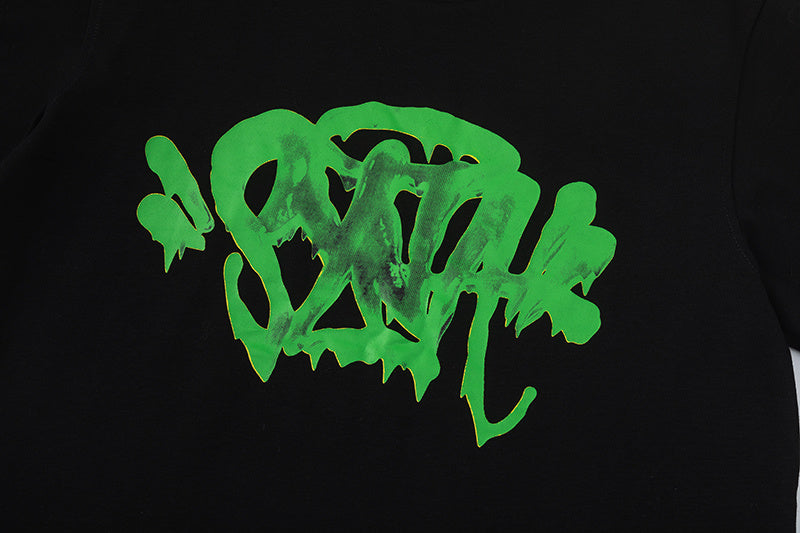 Black short sleeve crew neck T-shirt with bright green abstract graphic print - view 2