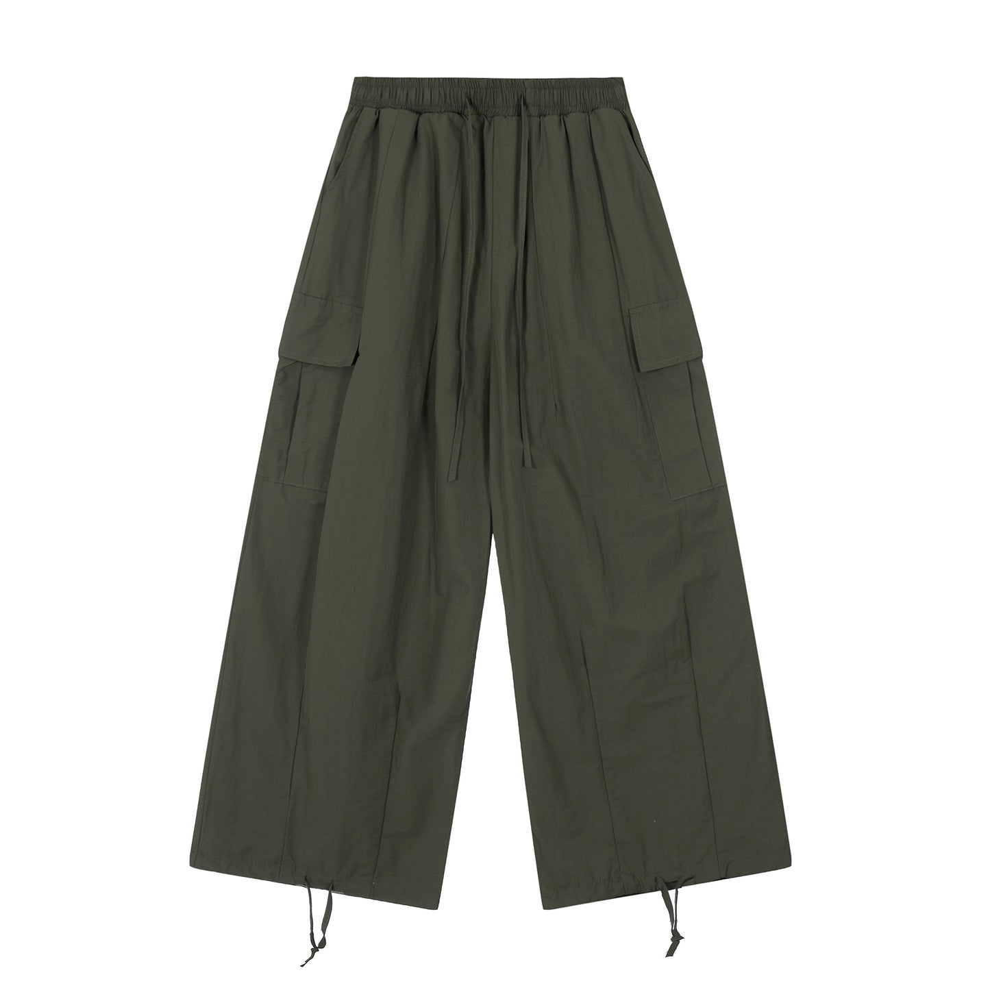 Elastic Waist Drawstring Cargo Wide Leg Pants - Green Front