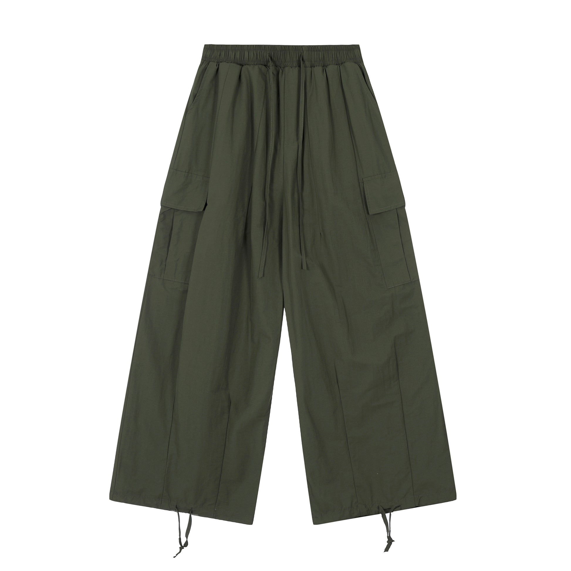 Elastic Waist Drawstring Cargo Wide Leg Pants - Green Front