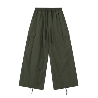 Elastic Waist Drawstring Cargo Wide Leg Pants Multi Pocket Baggy Parachute Streetwear Y2K