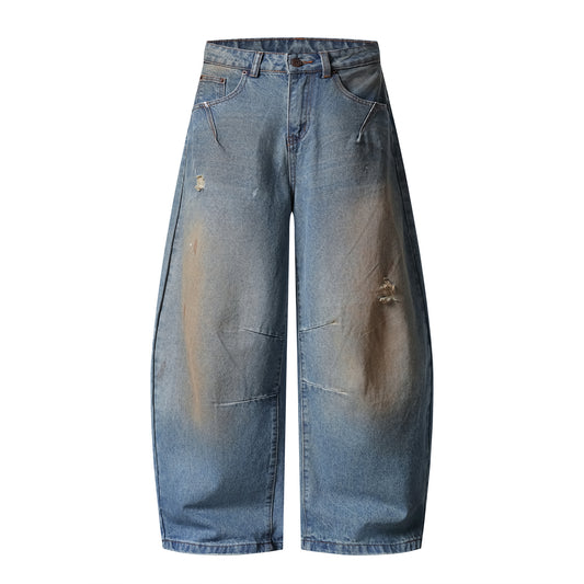 Mud Wash Distressed Barrel Wide Leg Jeans Earth Tone Fading Ripped Knee High Waist Baggy Denim Pants Vintage Streetwear Trousers | Mud Barrel
